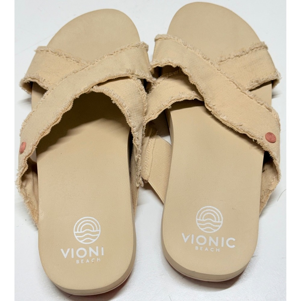 Vionic Beach Panama Tan Canvas Frayed Cross Strap Slide Sandals Womens 6